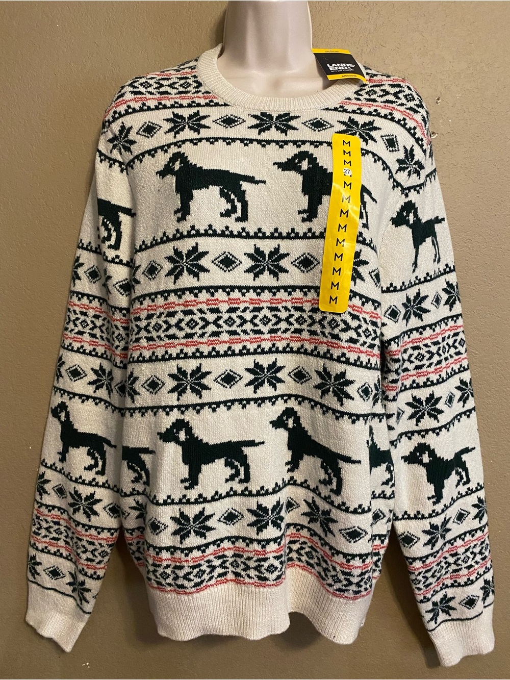 Lands End Men's Cream Holiday Christmas Dog Pattern Sweater Size Medium